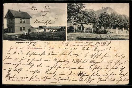 AK Lehmrade i. Lbg., Partie am Bahnhof, Gasthaus von Siegr. Lübke