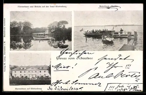 AK Stintenburg, Herrenhaus, Försterhaus und Brücke, Motorboot Martha auf dem Schaalsee