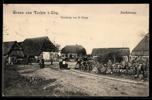 AK Techin i. Lbg., Partie in der Dorfstrasse mit Geschäft von H. Oldag