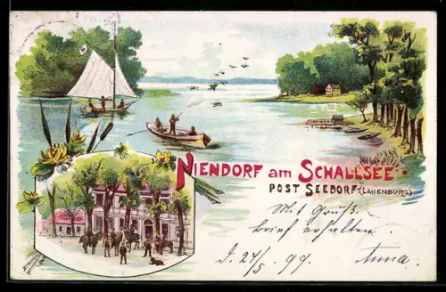 Lithographie Niendorf am Schaalsee, Partie am See mit Anlegestelle und Gasthaus mit Reitern