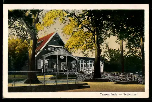 AK Travemünde, Gartenpartie am Gasthaus Seetempel, Inh. Karl Schickedanz