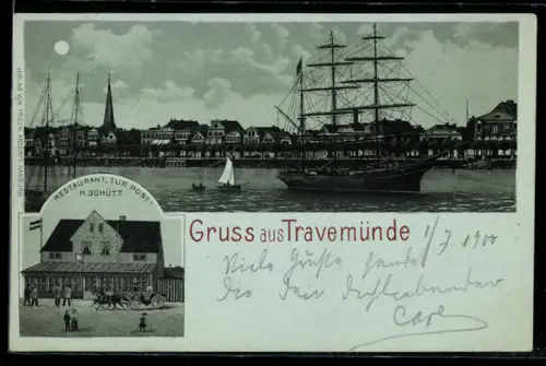 Mondschein-Lithographie Travemünde, Restaurant zur Post, Inh. H. Schütt, Blick in den Hafen