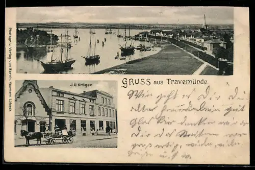 AK Travemünde, J. U. Krüger, Hafenansicht mit Segelbooten