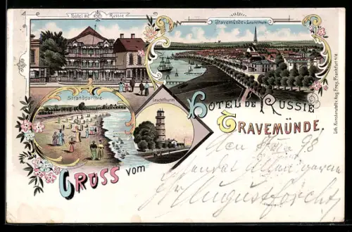 Lithographie Travemünde, Hotel de Russie, Leuchtturm, Strandpartie