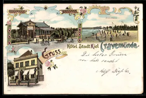 Lithographie Travemünde, Hotel Stadt Kiel, Strandansicht