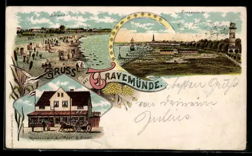 Lithographie Travemünde, Restaurant zur Post v. H. Schütt, Strand