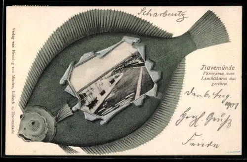 Grusskarten-AK Travemünde, Panorama vom Leuchtturm im Flunder-Passepartout