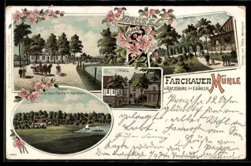 Lithographie Ratzeburg, Gasthof Farchauer Mühle, Inh. E. Kähler, Gartenpartie und Wald- und Seepanorama