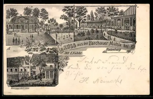 Lithographie Ratzeburg, Gasthof Farchauer Mühle, Inh. E. Kähler, Gartenansicht, Mühle und Ortspartie