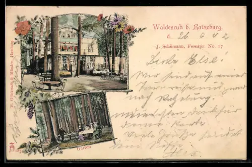AK Ratzeburg, Gasthof Waldesruh, Bes. J. Schümann, Garten und Gästebereich