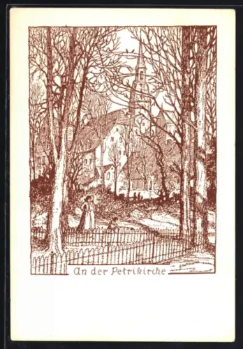 Künstler-AK Freiberg in Sachsen, An der Petrikirche