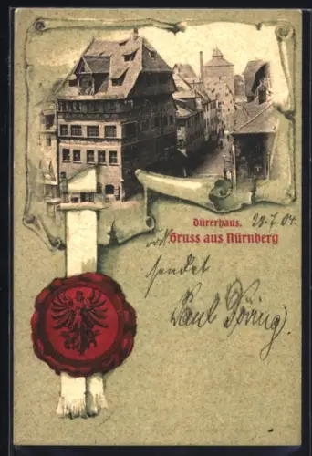 Lithographie Nürnberg, Dürerhaus mit Strassenpartie, Siegel, Passepartout