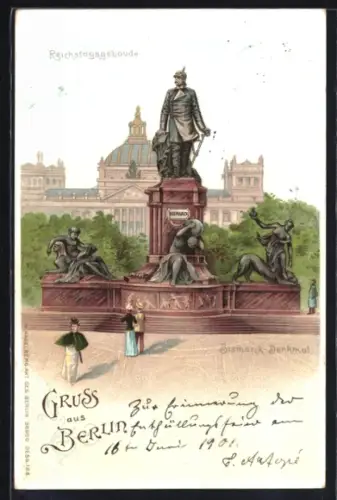 Lithographie Berlin, Reichstagsgebäude, Bismarck Denkmal