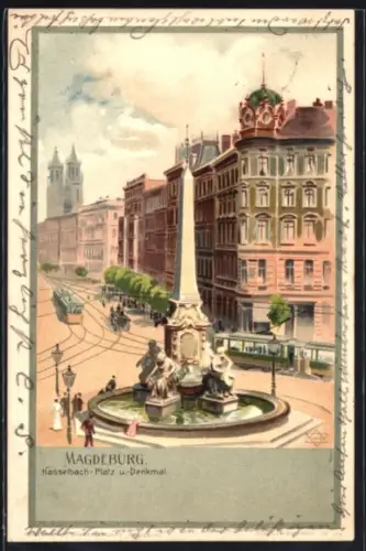 Lithographie Magdeburg, Strassenbahn am Hasselbachplatz mit Denkmal