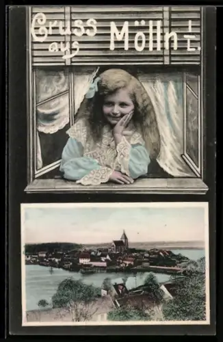 Grusskarten-AK Mölln i. L., Ortsansicht mit Kirche, Mädchen am Fenster