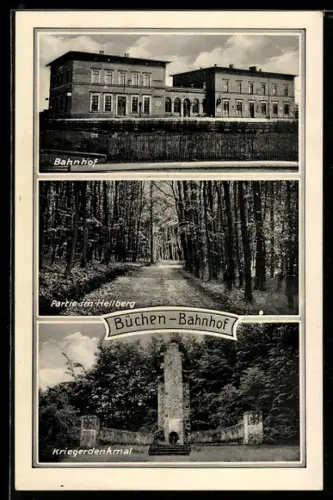 AK Büchen, Bahnhof, Kriegerdenkmal, Weg am Hellberg