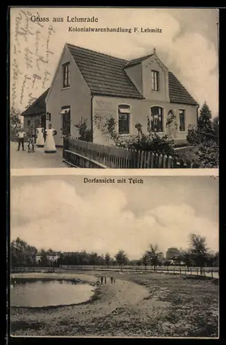 AK Lehmrade, Kolonialwarenhandlung F. Lehmitz, am Teich