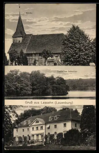 AK Lassahn /Lauenburg, Schloss Stintenburg, Partie am Schaalsee, Kirche