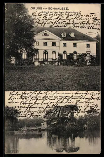 AK Lassahn a. Schaalsee, Schloss auf der Insel Stintenburg, Brücke zwischen Insel und Festland