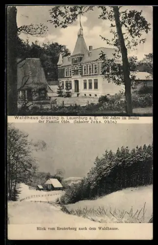 AK Lauenburg a. E., Gasthaus Waldhaus Glüsing, Inh. Johs. Ohle, Blick vom Reuterberg zum Waldhaus