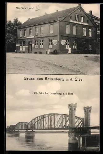 AK Lauenburg a. Elbe, Mencke`s Hotel, Blick zur Elbbrücke