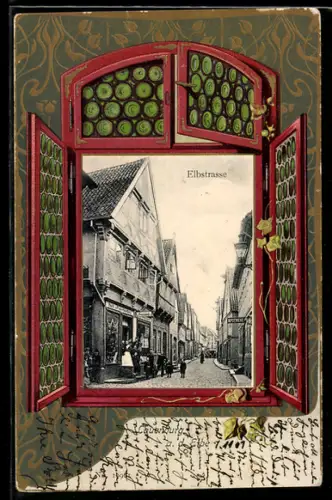 Passepartout-Lithographie Lauenburg a. Elbe, Blick durch ein Fenster auf die Elbstrasse