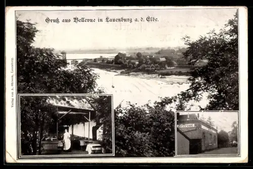 AK Lauenburg a. d. Elbe, Restauration Bellevue, Sommerterrasse, Blick auf die Elbe