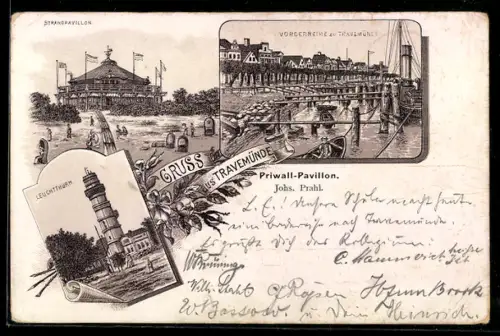 Lithographie Travemünde, Gaststätte Strandpavillon, Inh. Johs. Prahl, Leuchtturm und Vorderreihe