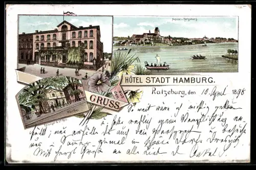 Lithographie Ratzeburg, Hotel Stadt Hamburg, Wache & Ruderpartie mit Stadtansicht