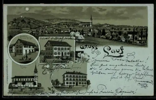 Mondschein-Lithographie Lauf, Gasthaus zum Rössel, Handlung v. Fridolin Binger, Kirche und Schulhaus