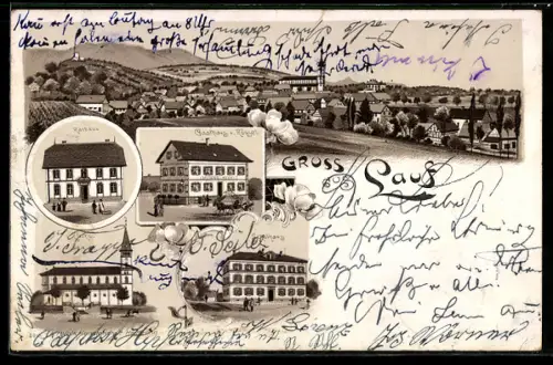 Lithographie Lauf, Gasthaus Zum Rössl, Rathaus, Schulhaus, Kirche, Totalansicht