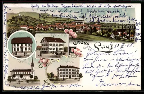 Lithographie Lauf, Gasthaus Zum Rössl, Rathaus, Schulhaus, Kirche, Totalansicht