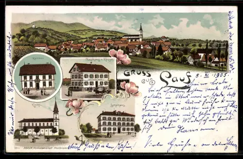 Lithographie Lauf, Gasthaus Zum Rössl, Rathaus, Schulhaus, Kirche, Totalansicht