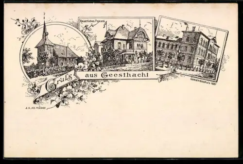 Lithographie Geesthacht a. d. E., Kaiserliches Postamt, Gemeindeschule und Kirche