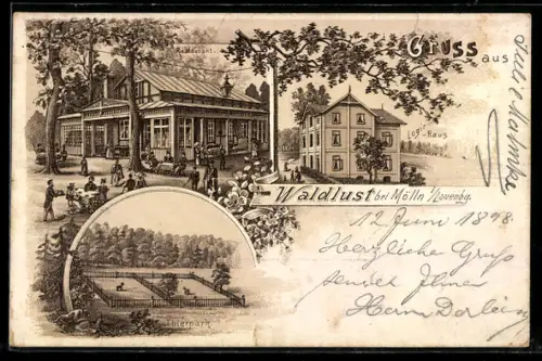 Lithographie Mölln i. Lauenburg, Gaststätte Waldlust mit Logirhaus und Tierpark