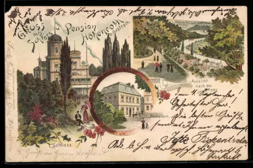 Lithographie Grafrath, Schloss und Hotel-Pension Höhenroth, Blick auf die Arnper