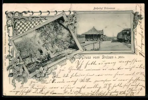 AK Drüsen /Mölln, Gasthof Möller und Bahnhof Drüsensee