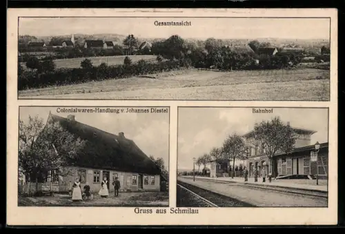 AK Schmilau, Colonialwaren-Handlung v. Johannes Diestel, Bahnhof, Ortspanorama