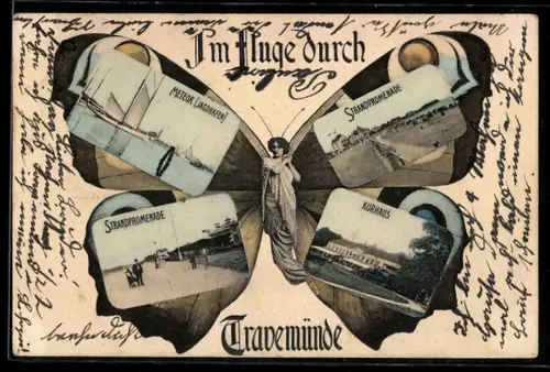 Schmetterling-AK Travemünde, Dame mit Schmetterlingsflügeln, Strandpromenade, Kurhaus, Meteor im Jagdhafen