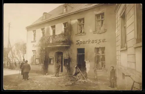 Foto-AK Rodewisch, Zerstörte Sparkasse, 1921