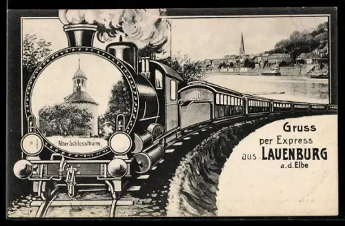Grusskarten-AK Lauenburg a. d. Elbe, Ortsansicht mit Kirche, Alter Schlossturm, Damplokomotive mit Personenzug