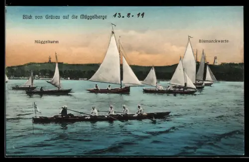AK Grünau, Segelboote vor dem Müggelturm und der Bismarckwarte