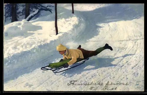 AK Wintersport in der Schweiz, Rodler, Schlitten