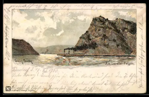 Künstler-AK sign. Erwin Günter: Am Loreley-Felsen mit Dampfschiff