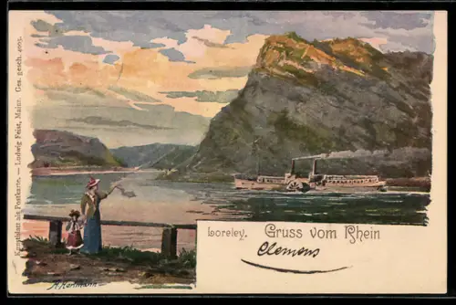 Lithographie Loreley /Rhein, Rheinansicht mit Dampfschiff und Felsen