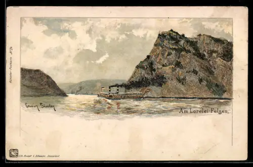 Lithographie Loreley, Am Lorelei-Felsen mit Dampfer
