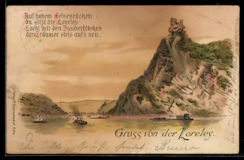 AK Loreley sitzt auf einem Felsen, darunter Dampfschiff und Segelschiff