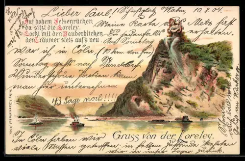 AK Loreley musiziert auf einem Felsen, darunter Dampfschiff und Segelschiff