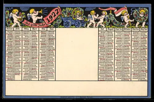 AK Kalender für das Jahr 1927 mit Engeln mit Trompete und im Wagen