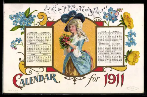 AK Kalender für das Jahr 1911 mit hübscher Frau im Zentrum und Vergissmeinnicht im Passepartout